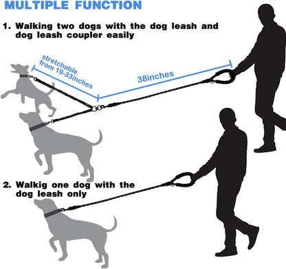 Reflective Dual Dog Leash with Tangle-Free Design and Shock Absorbing Bungee for Comfortable Walks