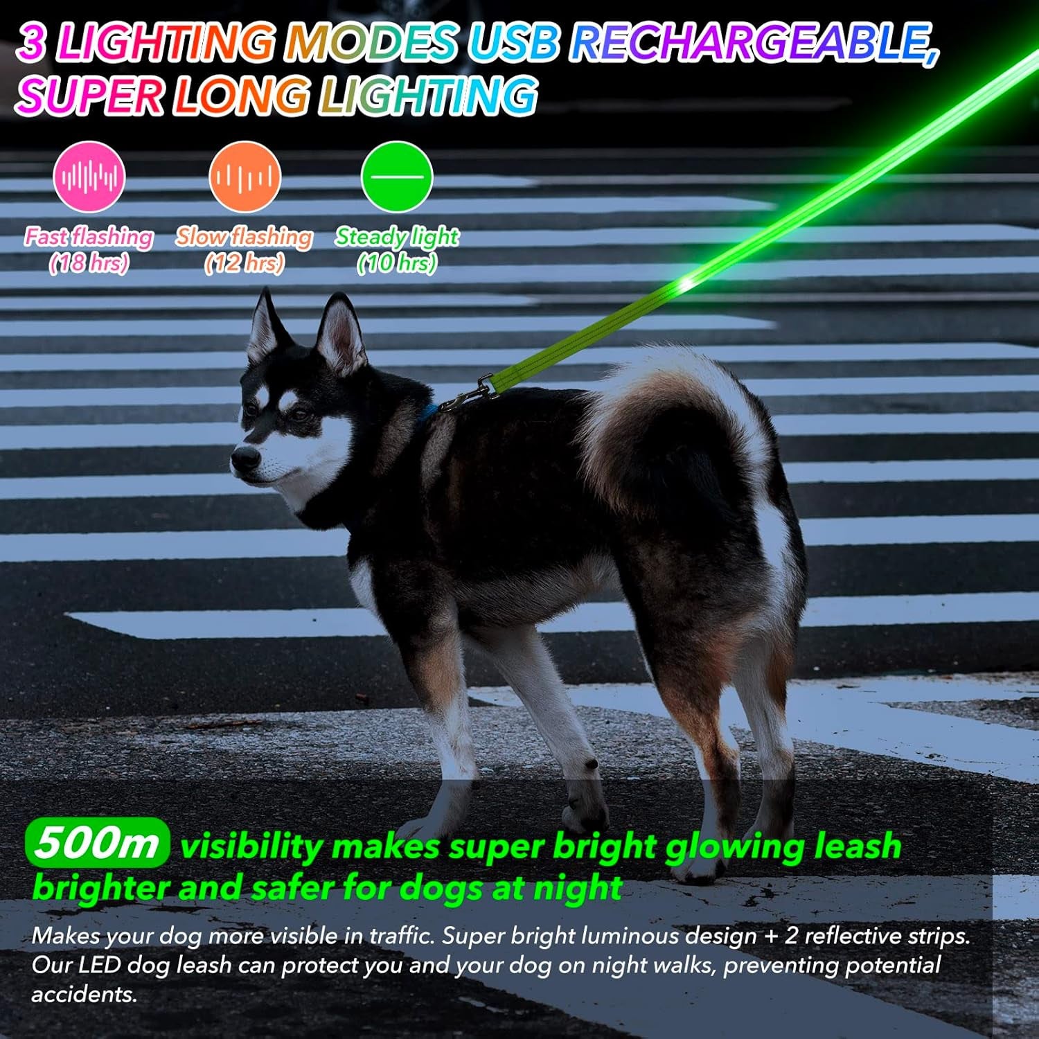 Led Dog Leash, 4 Ft Light up Soft Rechargeable Dog Leash, Waterproof, Nylon Reflective Leashes with Padded Handle for Night Walking, Safety Glow in the Dark Dog Leash for Large Medium Pets