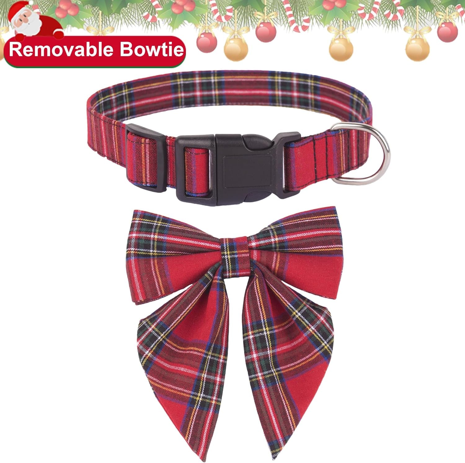  Adjustable Christmas Dog Collar with Removable Bowtie | Soft Cotton Red Plaid Design Perfect for Small, Medium, and Large Dogs | Stylish Holiday Accessory