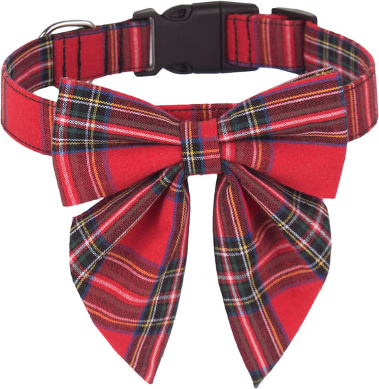  Adjustable Christmas Dog Collar with Removable Bowtie | Soft Cotton Red Plaid Design Perfect for Small, Medium, and Large Dogs | Stylish Holiday Accessory