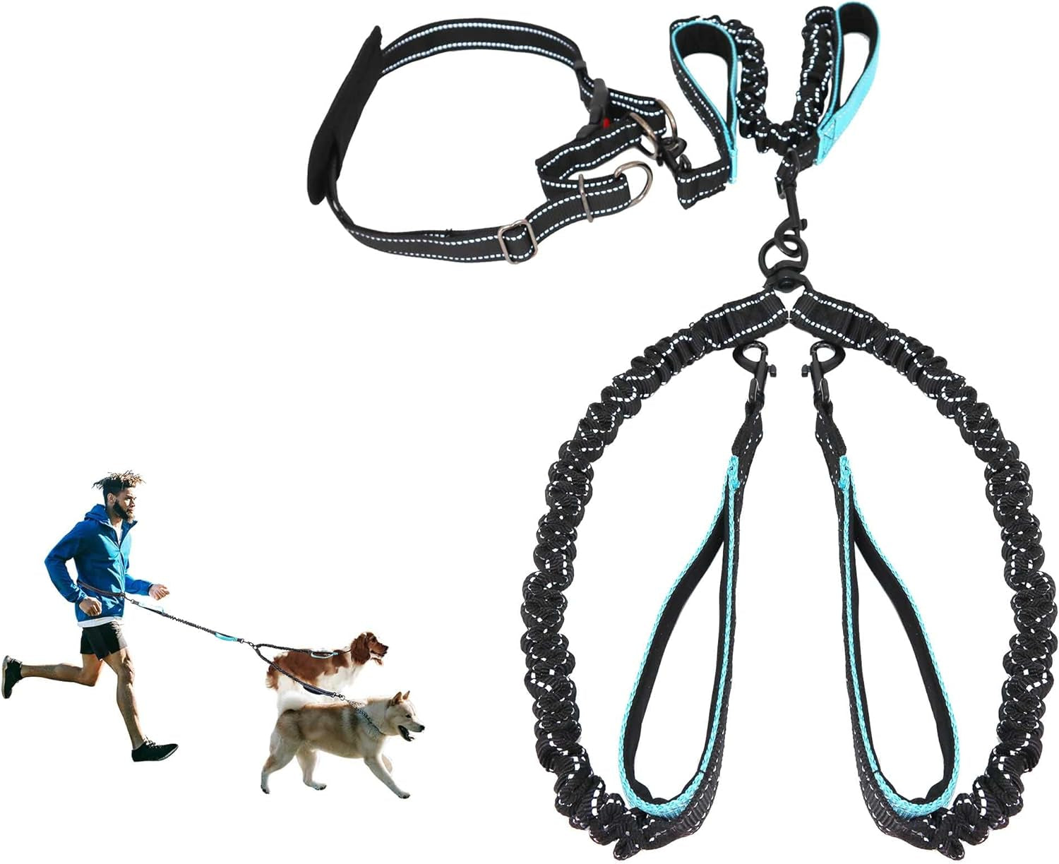 Hands Free Dog Leash, Double Dog Leash, Waist Dog Running Leash for Comfortable Walking Jogging Training Hiking, Long Padded No Tangle 360° Swivel Clasp Adjustable Dual Dog Lead Leashes