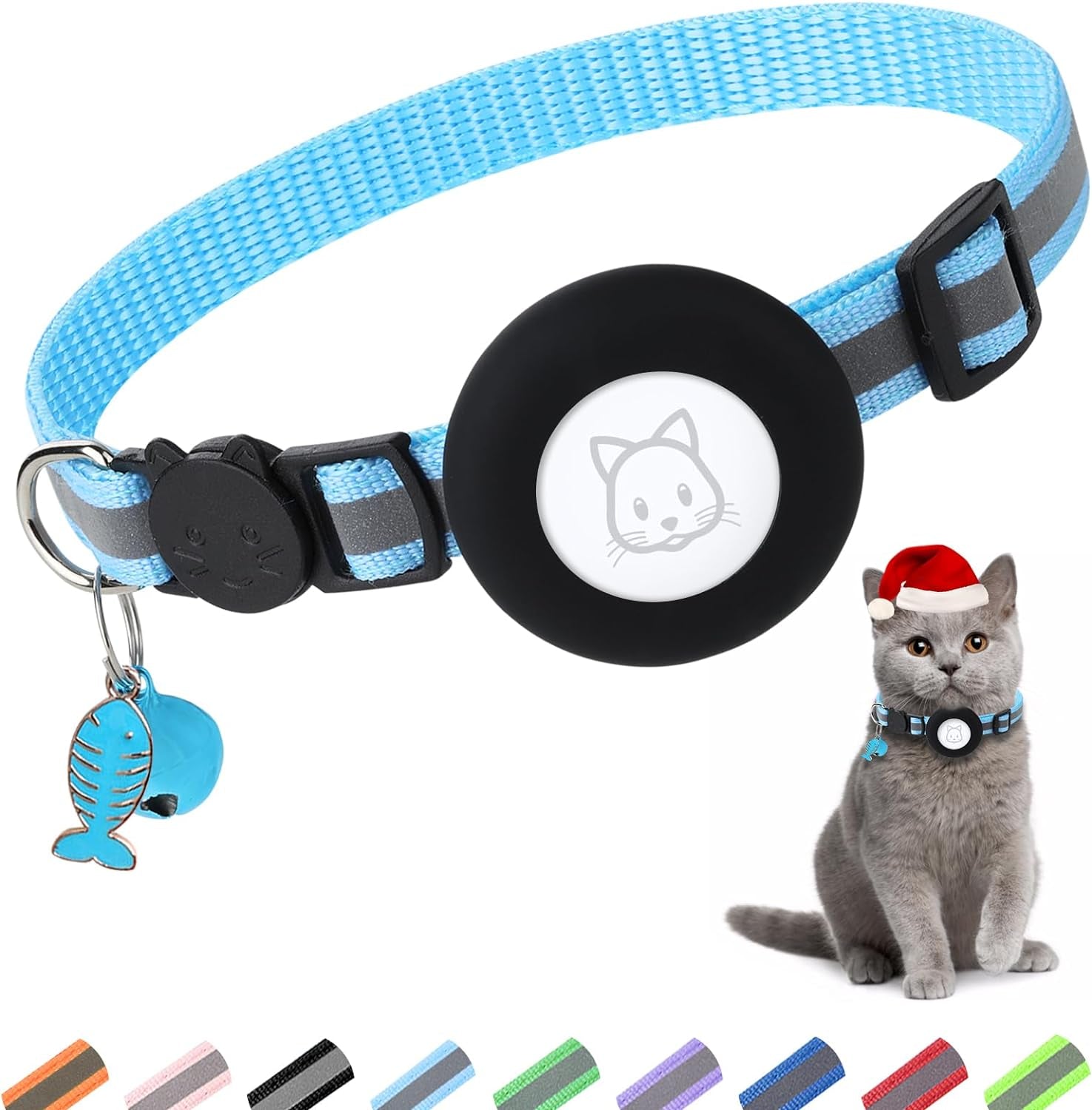 Airtag Cat Collar with Bell and Safety Buckle | Reflective, Waterproof Holder Compatible with Apple Airtag | 3/8" Width for Cats, Kittens, and Small Dogs