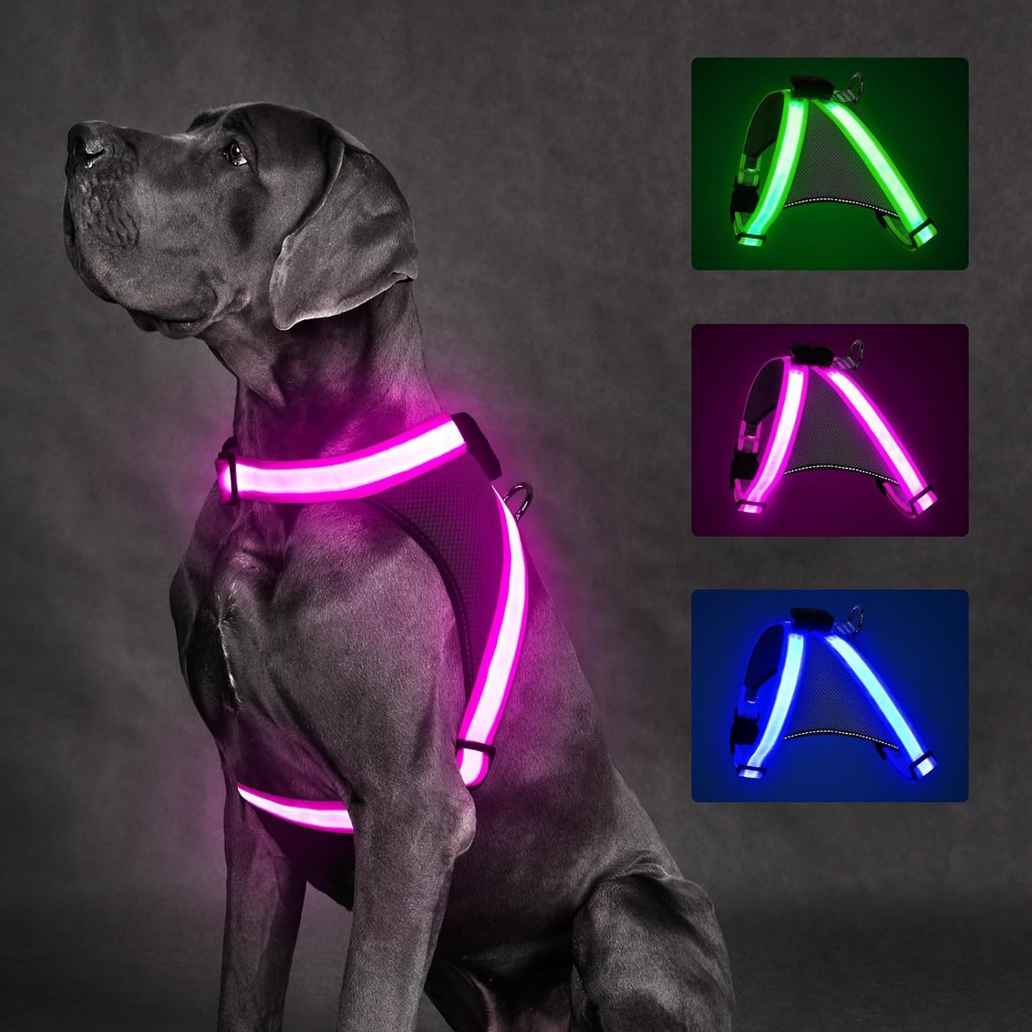 Light up Dog Harness, No Pull Led Dog Harness Glow-In-The-Dark for Night Walking, USB Rechargeable Lighted Safety Vest for Medium Large Dogs, Adjustable Soft Mesh Fully Illuminated(Green, L)