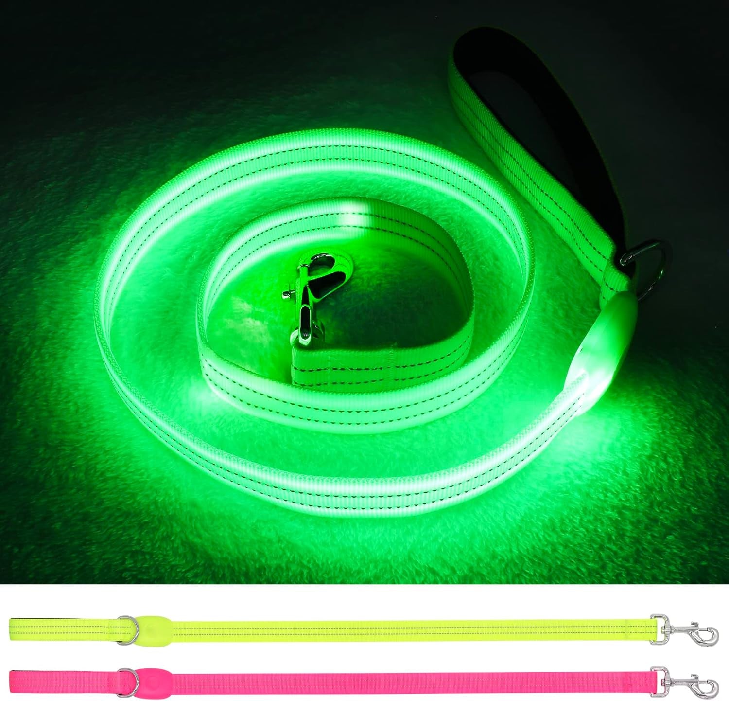 Led Dog Leash, 4 Ft Light up Soft Rechargeable Dog Leash, Waterproof, Nylon Reflective Leashes with Padded Handle for Night Walking, Safety Glow in the Dark Dog Leash for Large Medium Pets