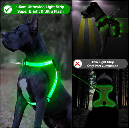 Light up Dog Harness, No Pull Led Dog Harness Glow-In-The-Dark for Night Walking, USB Rechargeable Lighted Safety Vest for Medium Large Dogs, Adjustable Soft Mesh Fully Illuminated(Green, L)