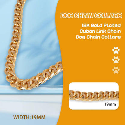 19MM Thick 18K Gold Plated Metal Dog Cuban Link Collar Gold Dog Chain Collar for Dogs(20" Gold)