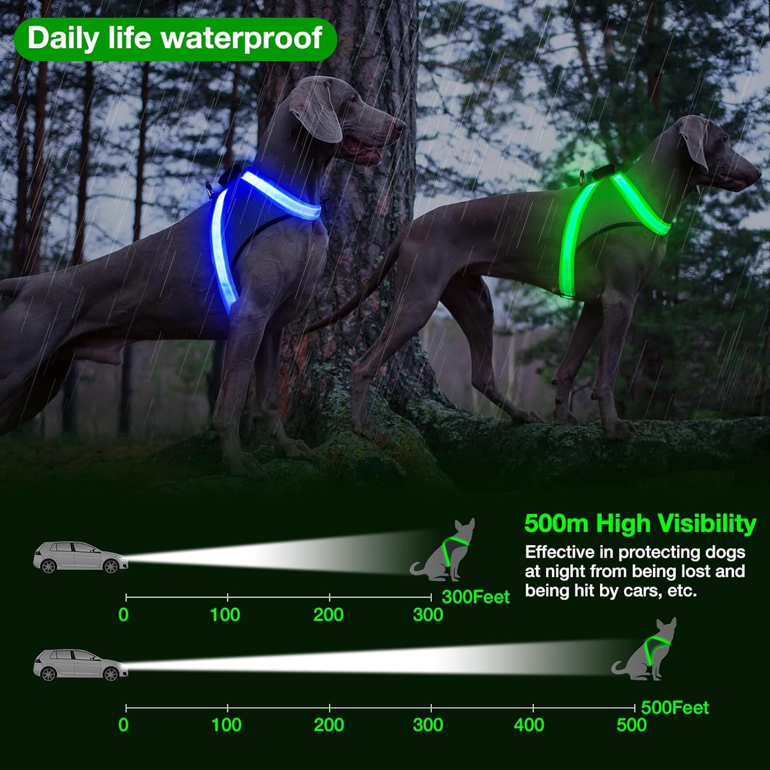 Light up Dog Harness, No Pull Led Dog Harness Glow-In-The-Dark for Night Walking, USB Rechargeable Lighted Safety Vest for Medium Large Dogs, Adjustable Soft Mesh Fully Illuminated(Green, L)