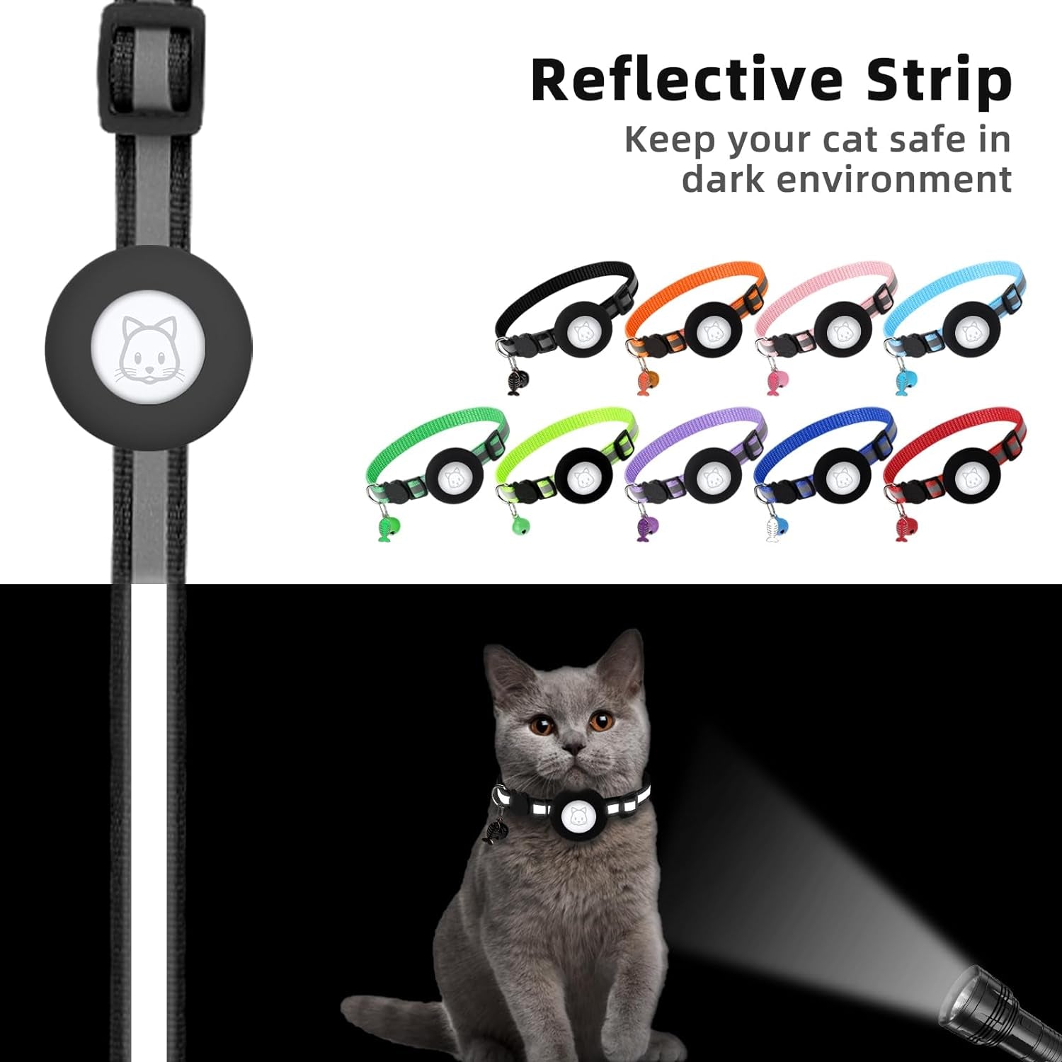 Airtag Cat Collar with Bell and Safety Buckle | Reflective, Waterproof Holder Compatible with Apple Airtag | 3/8" Width for Cats, Kittens, and Small Dogs