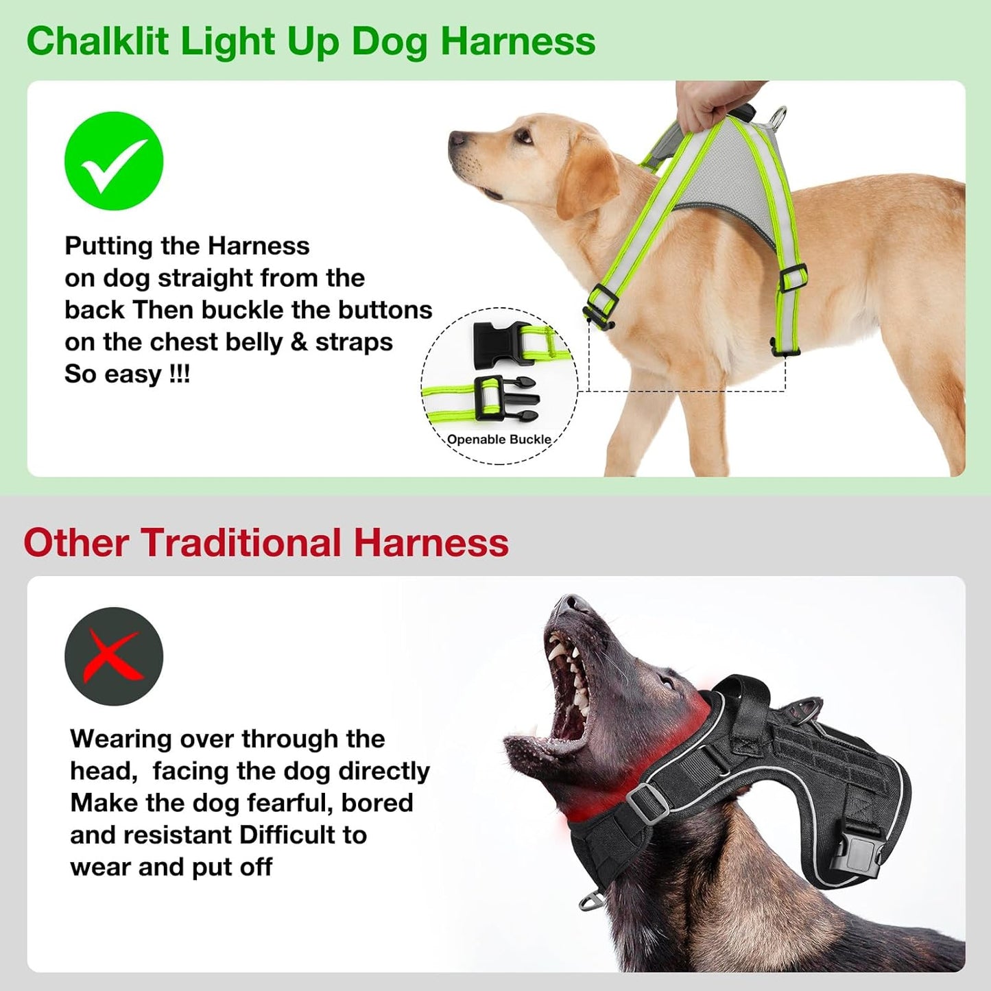 Light up Dog Harness, No Pull Led Dog Harness Glow-In-The-Dark for Night Walking, USB Rechargeable Lighted Safety Vest for Medium Large Dogs, Adjustable Soft Mesh Fully Illuminated(Green, L)