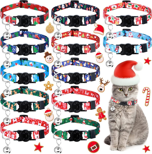 12-Pack Christmas Cat Collars | Adjustable Breakaway Collars with Bells | Festive Designs: Gingerbread Man, Snowman, Santa Claus, Elk, Xmas Tree, & Pumpkin for Holiday Celebrations