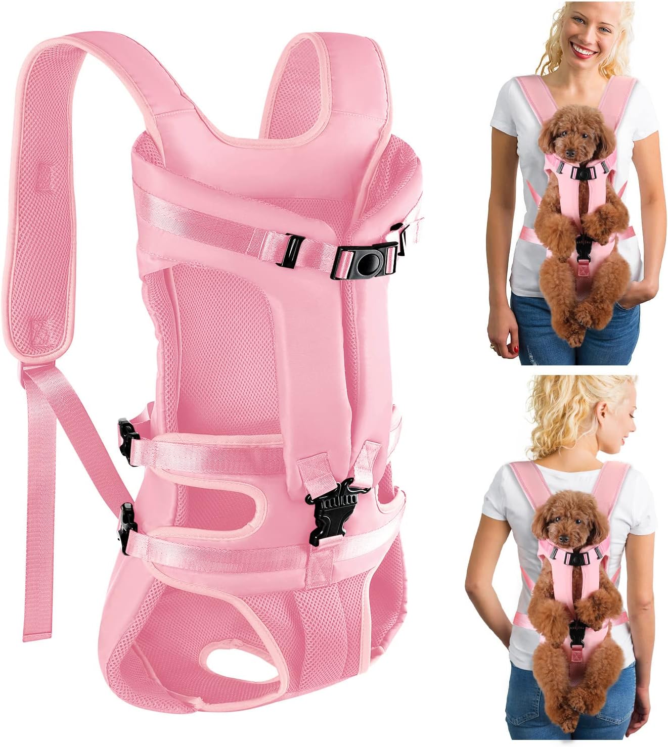 Dog Backpack Carrier, Legs Out Easy-Fit Dog Front Carrier for Small Medium Dogs, Adjustable Hands Free Dog Chest Carrier for Hiking, Cyclings(Pink,Medium)