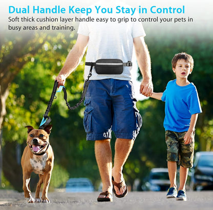 Hands Free Dog Running Leash with Zipper Pouch, Dual Handle, Elastic Bungees Retractable Rope for Medium and Large Dogs, Waist Bag Pack Carry All Phones Money for Walking Hiking Biking