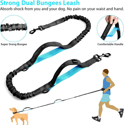 Hands Free Dog Running Leash with Zipper Pouch, Dual Handle, Elastic Bungees Retractable Rope for Medium and Large Dogs, Waist Bag Pack Carry All Phones Money for Walking Hiking Biking