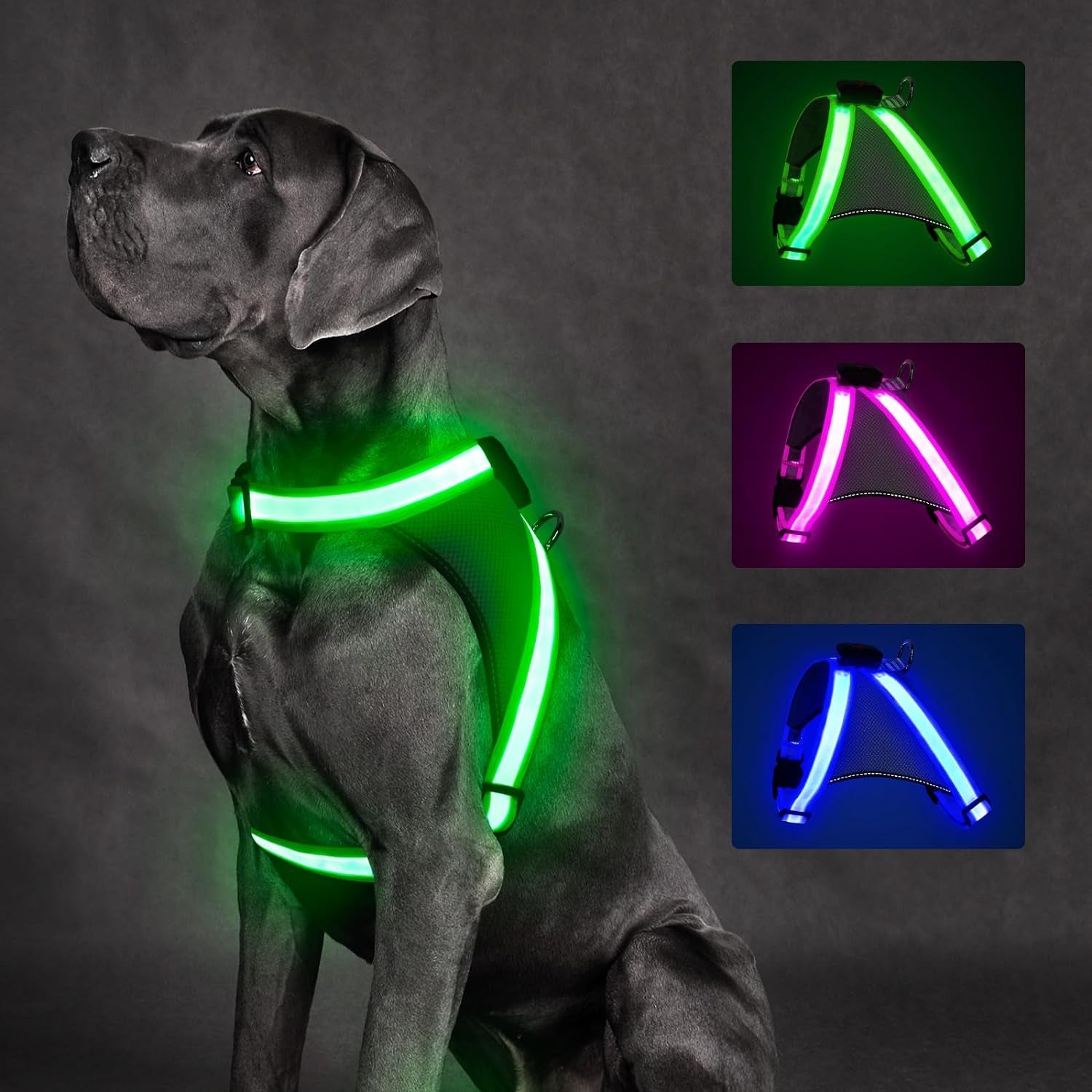 Light up Dog Harness, No Pull Led Dog Harness Glow-In-The-Dark for Night Walking, USB Rechargeable Lighted Safety Vest for Medium Large Dogs, Adjustable Soft Mesh Fully Illuminated(Green, L)