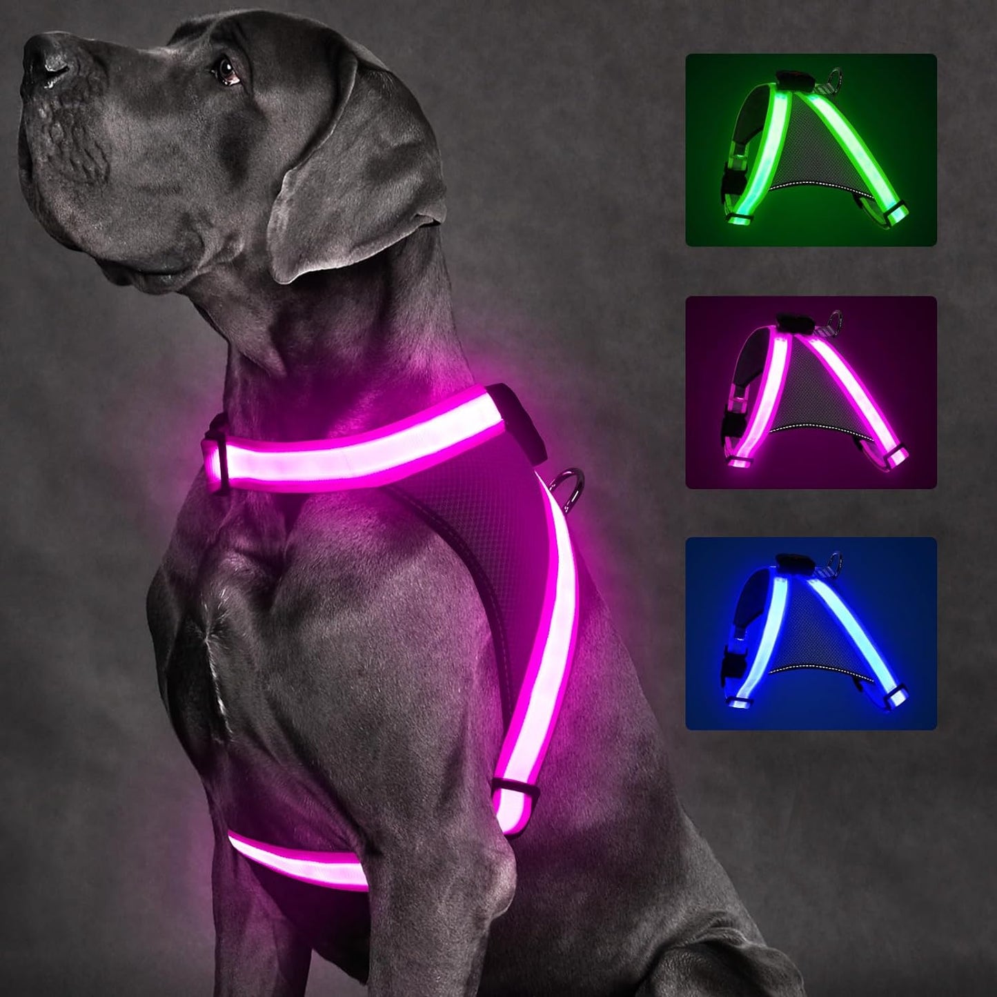 Light up Dog Harness, No Pull Led Dog Harness Glow-In-The-Dark for Night Walking, USB Rechargeable Lighted Safety Vest for Medium Large Dogs, Adjustable Soft Mesh Fully Illuminated(Green, L)