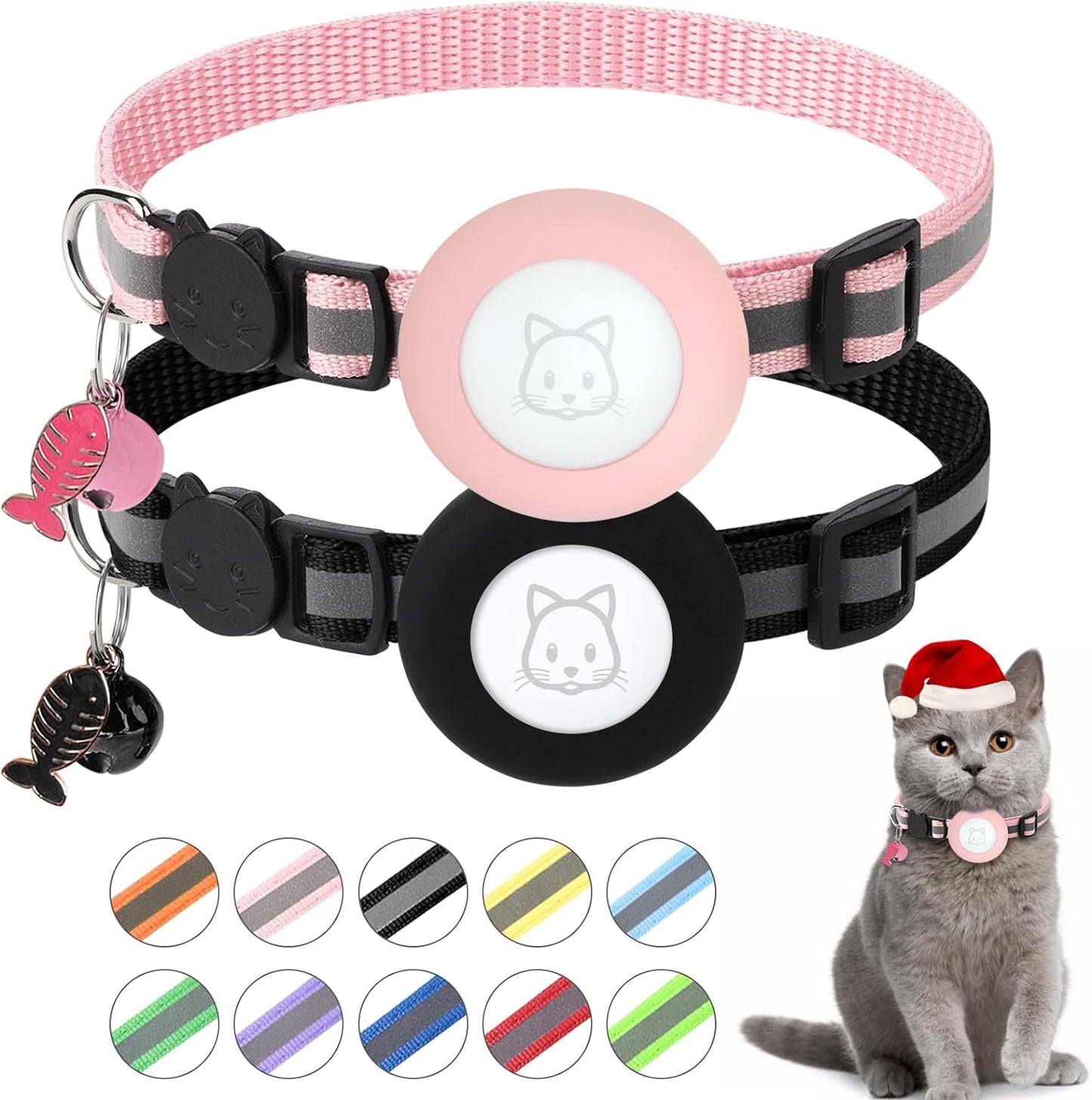 Airtag Cat Collar with Bell and Safety Buckle | Reflective, Waterproof Holder Compatible with Apple Airtag | 3/8" Width for Cats, Kittens, and Small Dogs