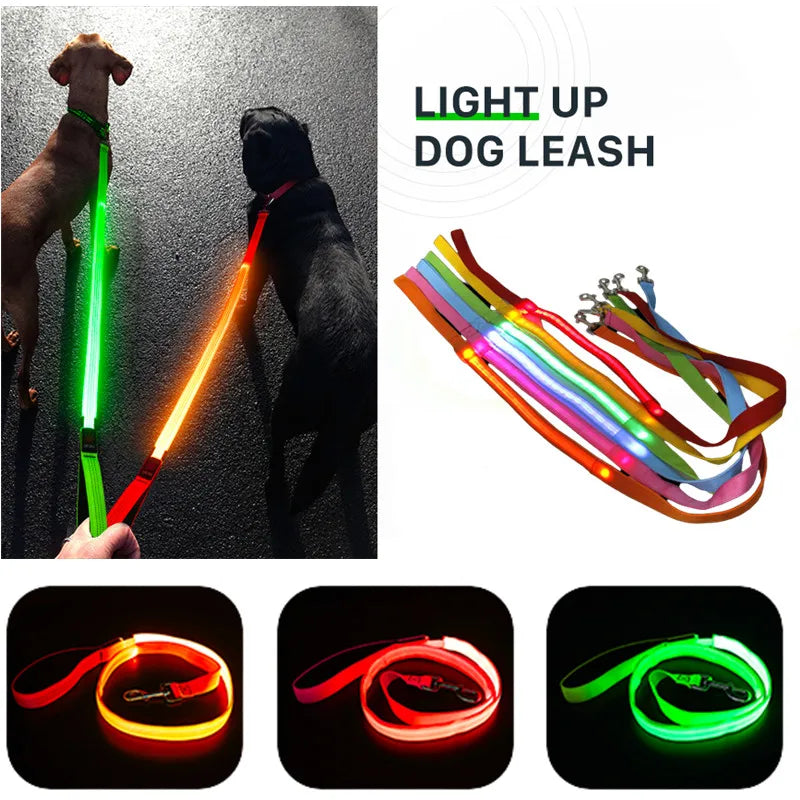 Glowing Led Dog Leash Usb Rechargeable Pet Dog Flashing Nylon Webbing Leashes- 3 Lighting Modes Keep Your Pets Safe in Darkness