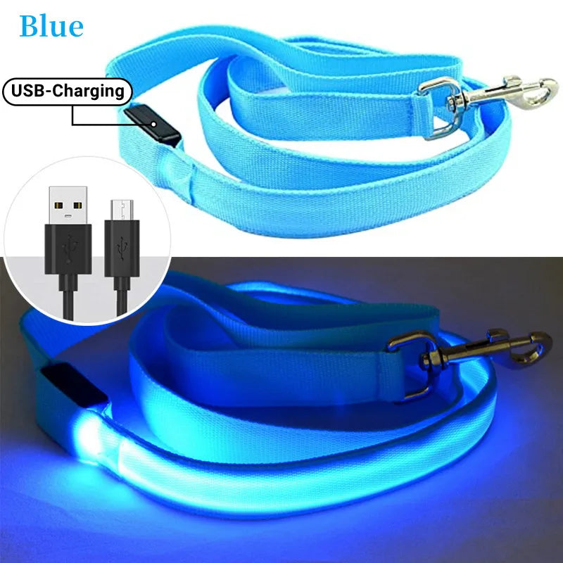 Glowing Led Dog Leash Usb Rechargeable Pet Dog Flashing Nylon Webbing Leashes- 3 Lighting Modes Keep Your Pets Safe in Darkness