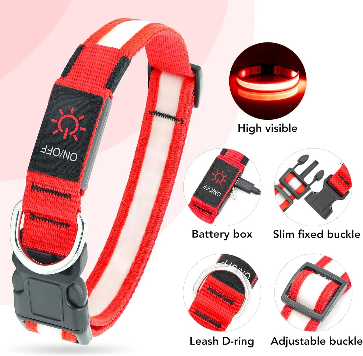 LED Dog Collar, Light up Dog Collar Adjustable USB Rechargeable Super Bright Safety Light Glowing Collars for Dogs(X-Large,Red)