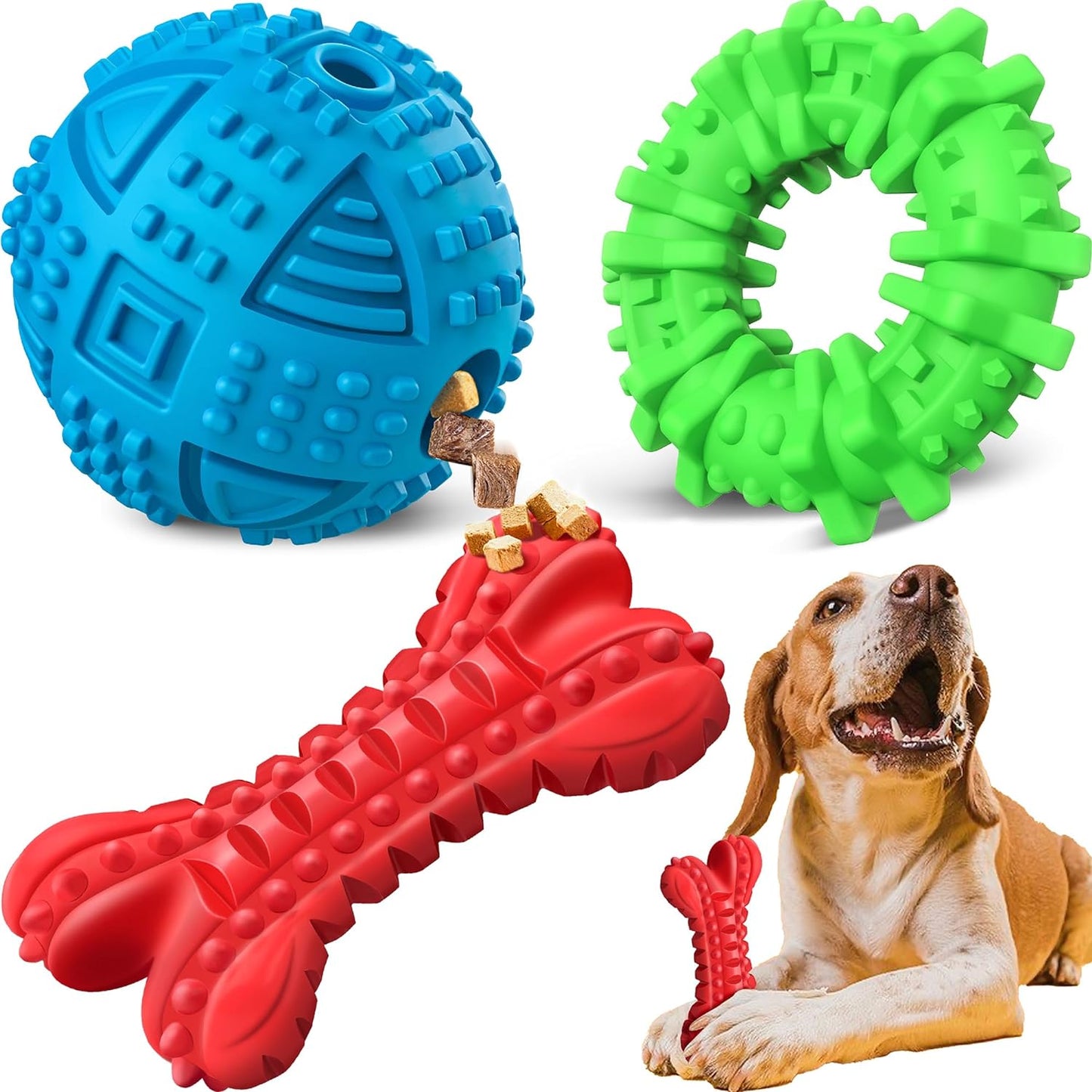 Indestructible Squeaky Dog Chew Toys: Large Breed Treat Dispensing Puzzle Toys with Natural Rubber Balls