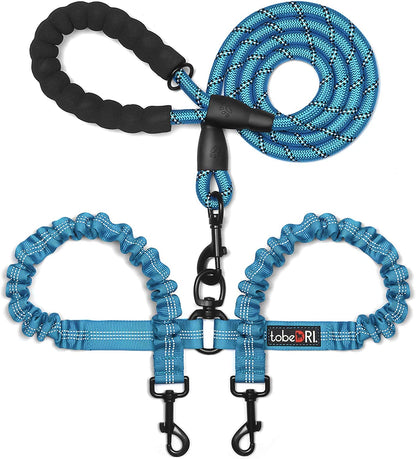 Reflective Dual Dog Leash with Tangle-Free Design and Shock Absorbing Bungee for Comfortable Walks