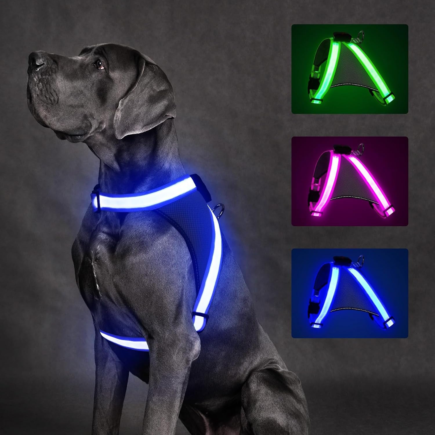 Light up Dog Harness, No Pull Led Dog Harness Glow-In-The-Dark for Night Walking, USB Rechargeable Lighted Safety Vest for Medium Large Dogs, Adjustable Soft Mesh Fully Illuminated(Green, L)