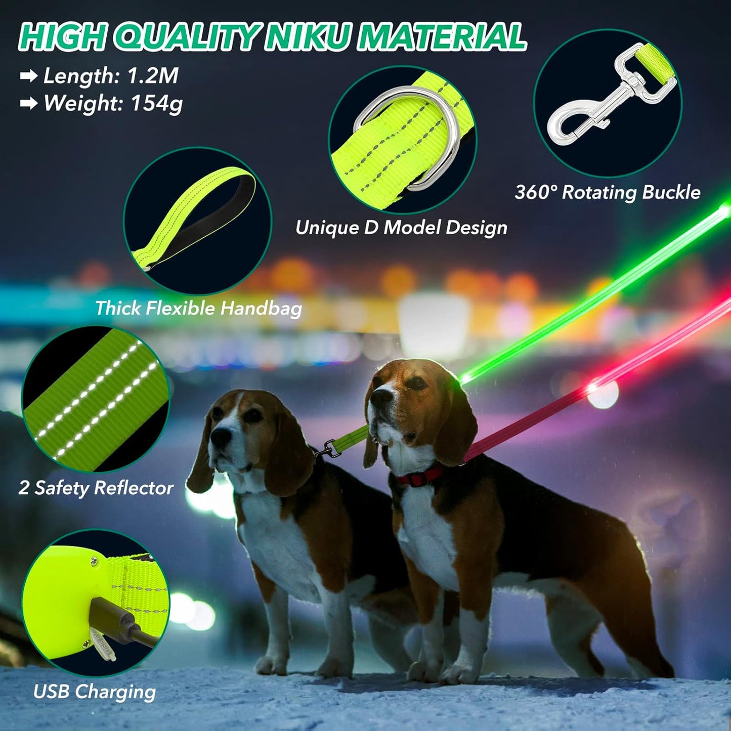 Led Dog Leash, 4 Ft Light up Soft Rechargeable Dog Leash, Waterproof, Nylon Reflective Leashes with Padded Handle for Night Walking, Safety Glow in the Dark Dog Leash for Large Medium Pets