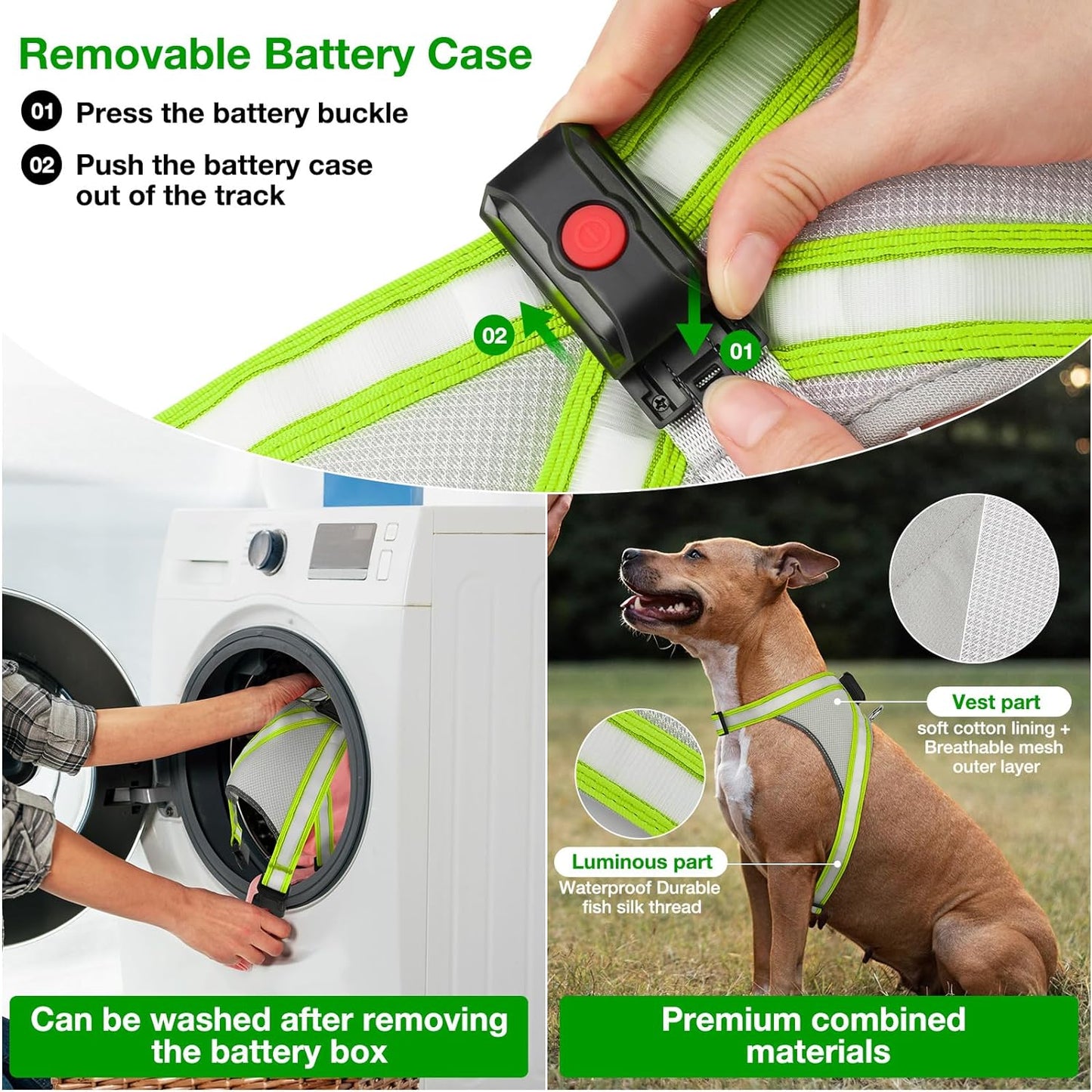 Light up Dog Harness, No Pull Led Dog Harness Glow-In-The-Dark for Night Walking, USB Rechargeable Lighted Safety Vest for Medium Large Dogs, Adjustable Soft Mesh Fully Illuminated(Green, L)