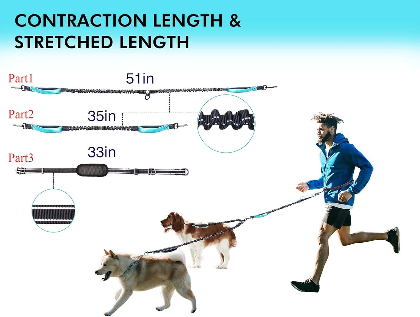 Hands Free Dog Leash, Double Dog Leash, Waist Dog Running Leash for Comfortable Walking Jogging Training Hiking, Long Padded No Tangle 360° Swivel Clasp Adjustable Dual Dog Lead Leashes