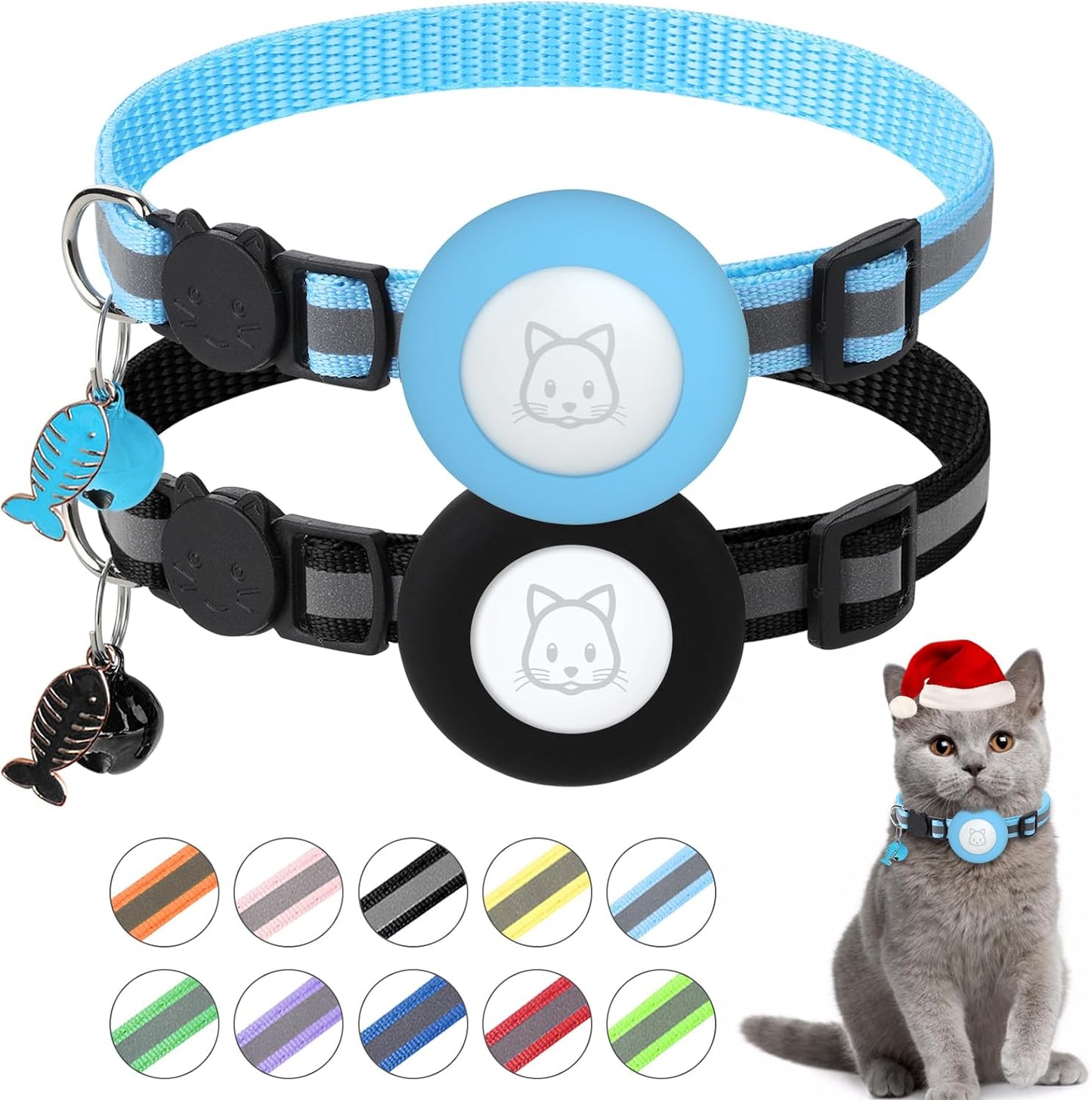 Airtag Cat Collar with Bell and Safety Buckle | Reflective, Waterproof Holder Compatible with Apple Airtag | 3/8" Width for Cats, Kittens, and Small Dogs