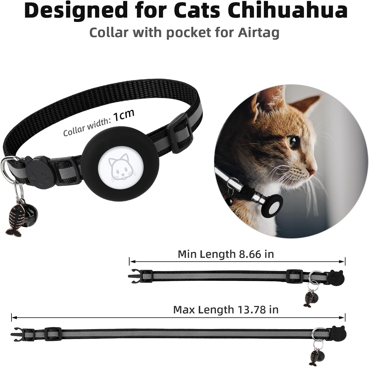 Airtag Cat Collar with Bell and Safety Buckle | Reflective, Waterproof Holder Compatible with Apple Airtag | 3/8" Width for Cats, Kittens, and Small Dogs