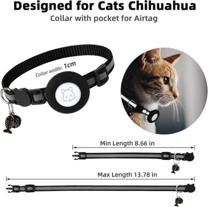 Airtag Cat Collar with Bell and Safety Buckle | Reflective, Waterproof Holder Compatible with Apple Airtag | 3/8" Width for Cats, Kittens, and Small Dogs